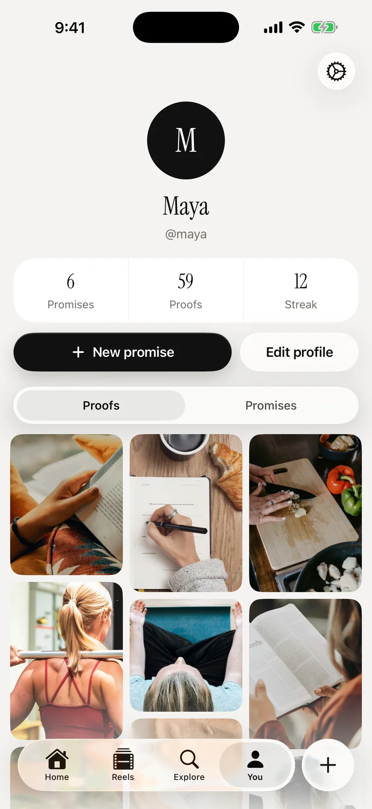 Safar profile: 6 promises, 59 proofs, 12-day streak